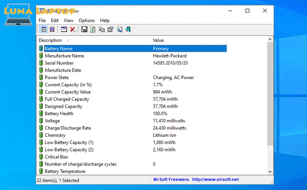 تست باتری لپ تاپ استوک با نرم افزار BatteryInfoView